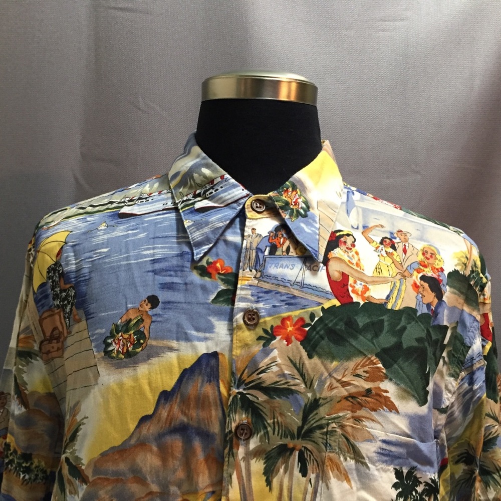 Reyn Spooner Hawaiian Shirt Tropical Travel theme.